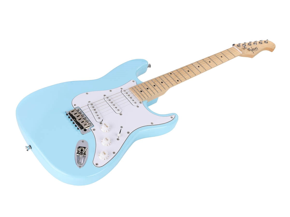 Monoprice Cali DLX Plus Solid Ash Electric Guitar | Wilkinson Bridge and Pickups, with Gig Bag, Right Orientation, Light Blue with Maple Fretboard - Indio Series