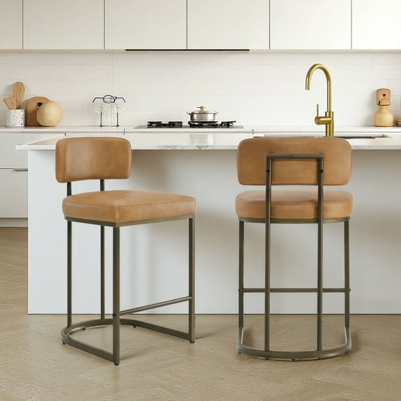 Spruce & Spring Modern 26-Inch Counter Bar Stool Set with Brass Frame Set of 2, Brown with Brass Frame