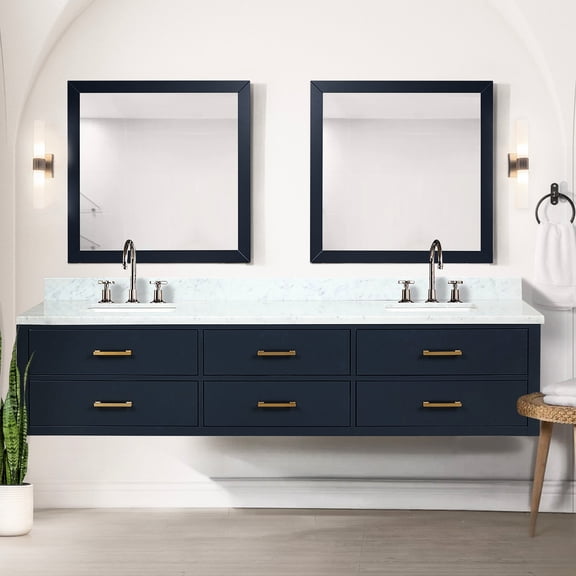 84" W X 22" D Blue Double Bath Vanity With Marble Flair - Solid Wood Frame Soft Close Point Uncomplicated Assembly Bathroom Graced 84 In. 22 Property Straightforward Installation