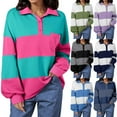 thumbnail image 5 of qucoqpe Oversized Striped Printed Sweatshirts for Women Contrast Collar Buttons Lapel Long Sleeve Pullover Casual Top for Fall and Winter Blue 2XL, 5 of 5