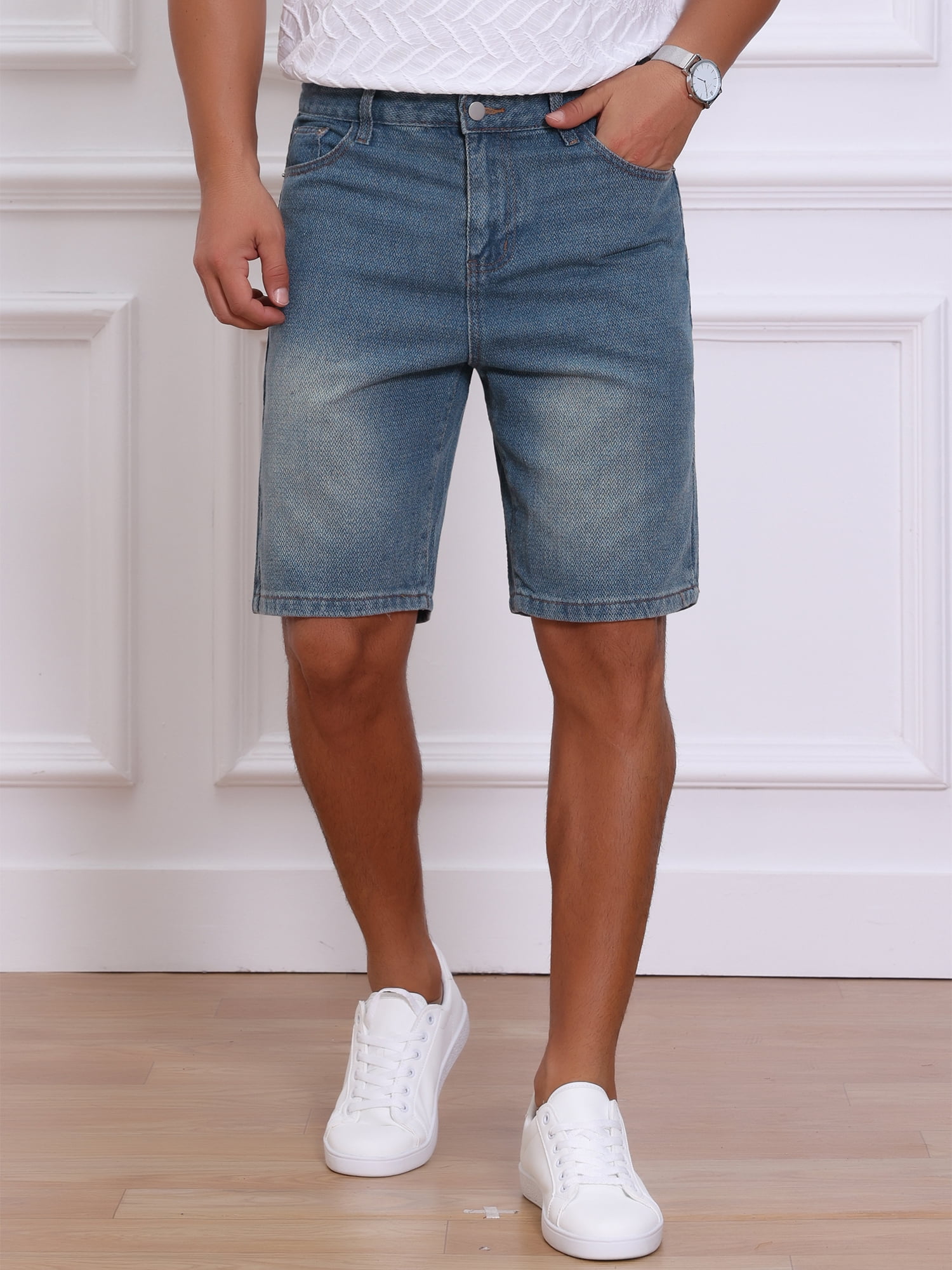 DARING DIVA Men's Textured Denim Above Knee Zipper Closure Jean Shorts 36 Dark Blue
