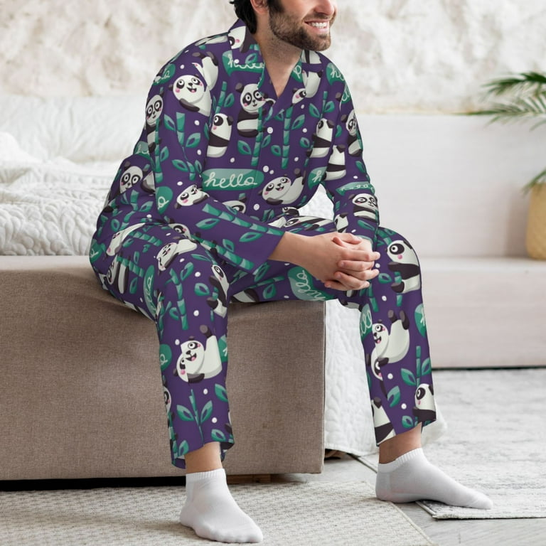 Mens Pajama Set, Funny Cute Panda Long Sleeve Pjs Set, Sleepwear