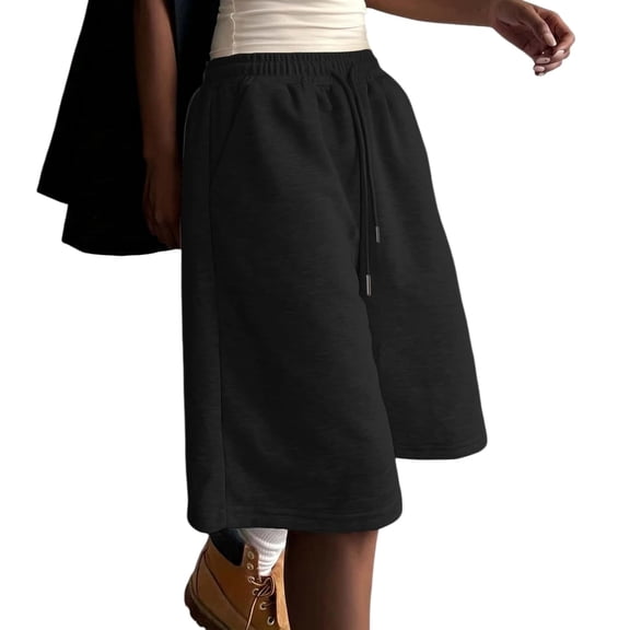 SONXAHE Women's Knee Length Sweat Shorts Drawstring Elastic Waist Side Pocket Relaxed Fit Bermudas Black Size L