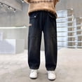 thumbnail image 2 of Boys Elastic Waist Cargo Jeans, Blue Relaxed Fit Wide Leg Distressed Denim Pants for Kids 5-15 Years,Size 9-10 T, 2 of 9