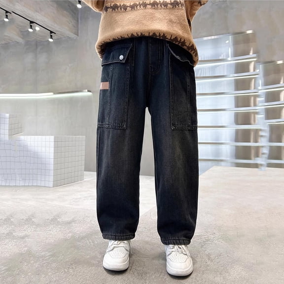 hengsof Straight Leg Stretch Denim Jeans for Boys, Elastic Waist Relaxed Fit Pants, Casual Comfort Trousers for Daily Activities, Size 5-15 Years