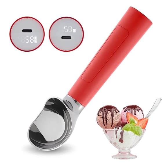 Heated Ice Cream Scoop, USB Rechargeable Electric Scooper with LED Display, Heats to 158°F for Hard Ice Cream, Easy for Seniors & Kids, IP67 Waterproof – Red