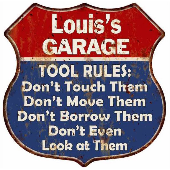 Louis's Garage Man Cave Rules Sign Shield Metal Gift 211110001203