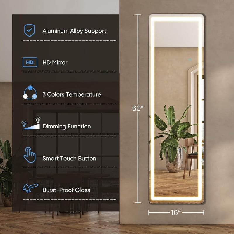 GRAHMCY 60"x 16" LED Rectangular Full Length Mirror Standing Floor Mirror with Rounded Corners,White