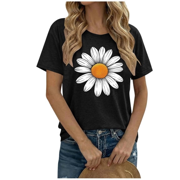 DeHolifer Women’s T-Shirt Graphic Crewneck Short Sleeve Casual Tee Cute Summer Flower Print Tops Black L