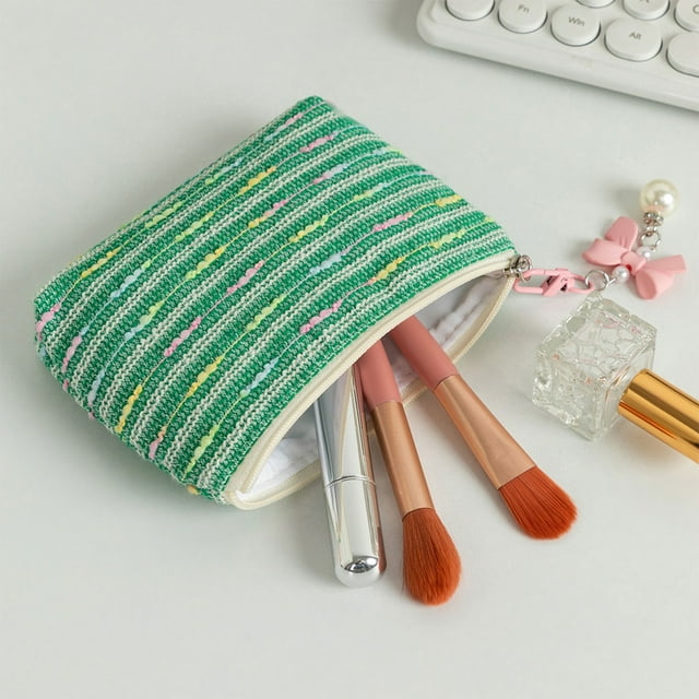 Woolen Knitted Coin Purse Striped Color-Blocked Portable Cosmetic Bag Zipper Closure Lightweight Mini Makeup Pouch Wallet | Travel Storage Case for Coins Cards Essentials