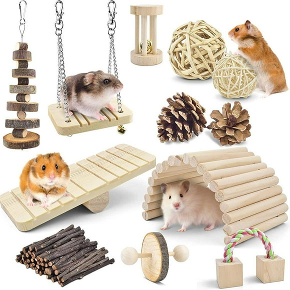 Hamster Chew Toy, 12 Pieces Natural Wood Rabbit Toy Exercise Bell Roll Dental Care Molar Toy for Chinchilla Rabbits Guinea Pigs