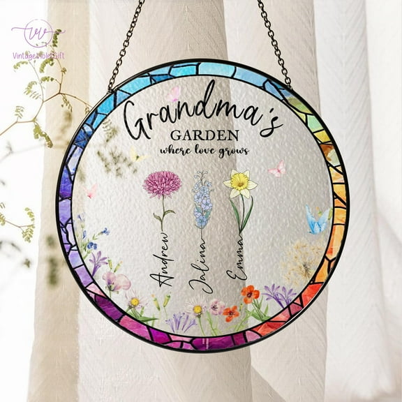 Grandma's Garden Stained Glass Suncatcher, Personalized Birth Flower Window Hanging Suncatcher, Mothers Day Gifts for Grandma, Nana Gift 1887509227