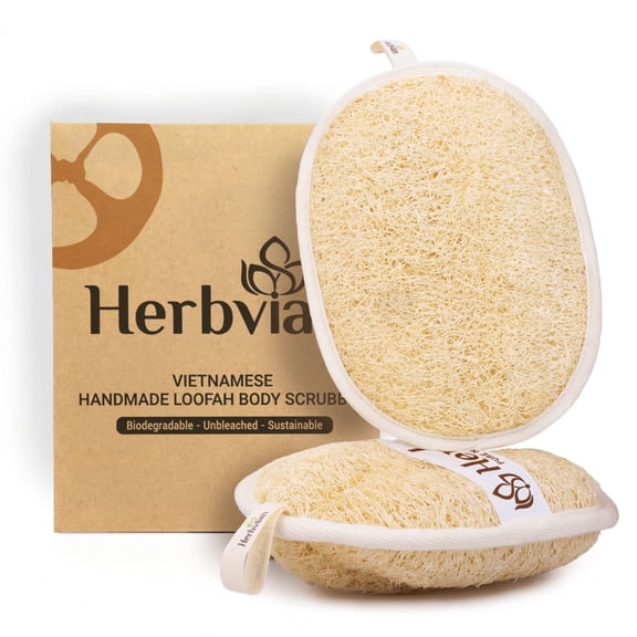 2-Pack Natural Loofah Body Scrubber Pads, Vietnamese Plant-Based Exfoliating Shower Sponge for Men & Women