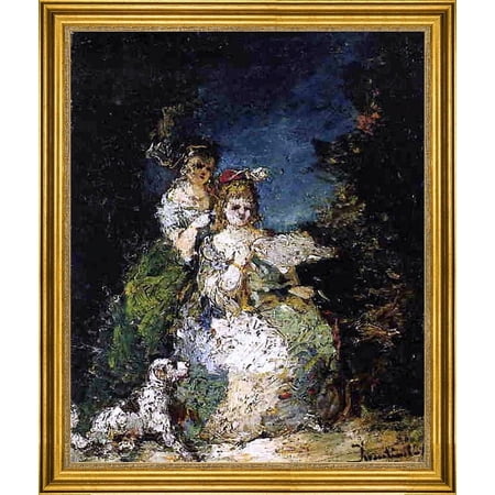 Adolphe-Joseph-Thomas Monticelli Young Girls and Dog in a Park - 16" x 20" Framed Premium Canvas Print