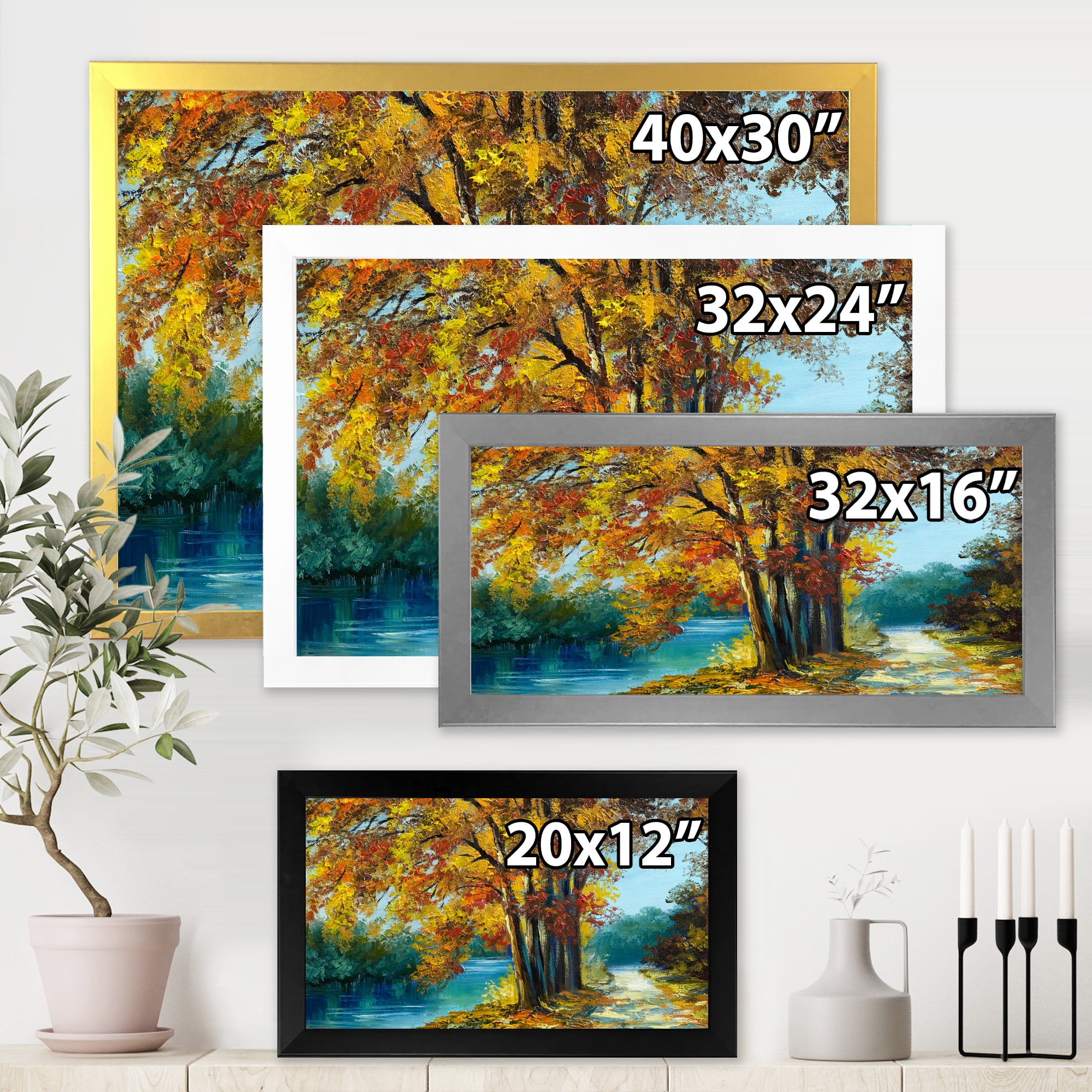 Designart 'Abstract Trees In Warm Autumn Colors By Bright Blue River' Traditional Framed Art Print