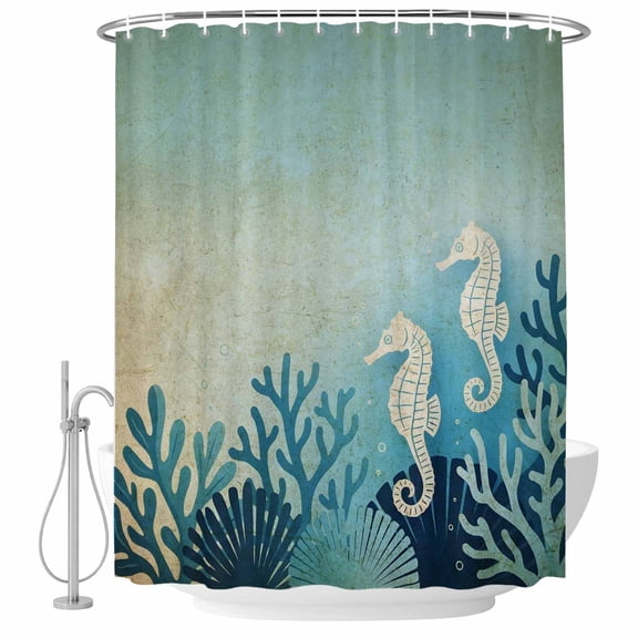 Ocean Seahouse Shower Curtain, 72"x84", Summer Vintage Blue Coral Marine Life Waterproof Bathroom Curtain Washable Shower Curtain Set with 12 Hooks