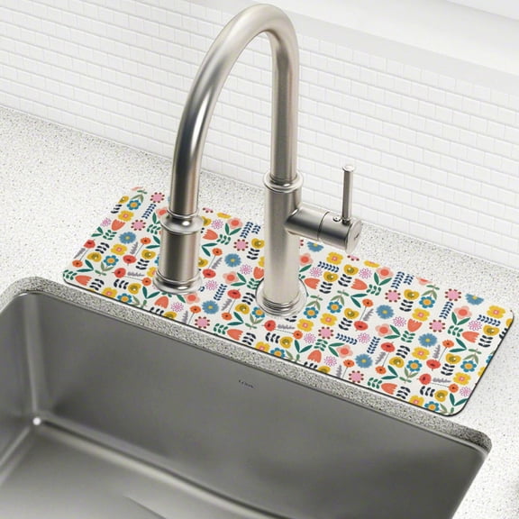 Yayeee Faucet Mat for Kitchen Sink 14.7" Diatomite Long Splash Guard Pad, Colorful Cartoon Flowers