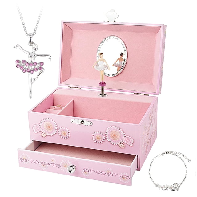 RR ROUND RICH DESIGN Joyero musical para niñas con cajón y juego de joyas con tema de bailarina - Swan Lake Tune Pink