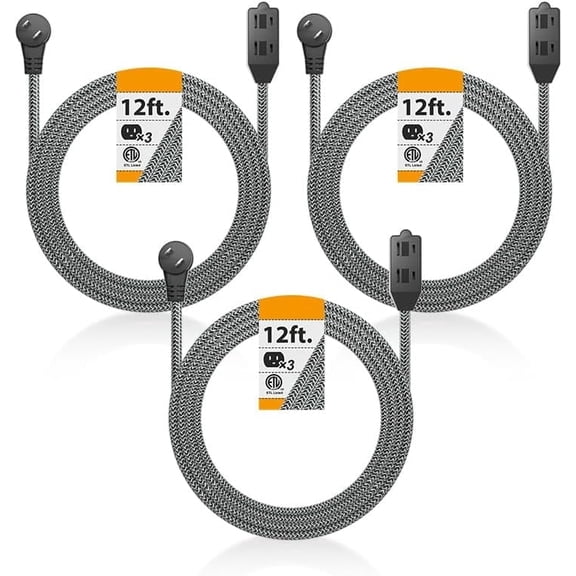 oviitech 2 Prong Extension Cord 12FT, 3-Socket Power Strip, Flat Plug Braided Cord, Indoor Gray/Black, 3 Pack