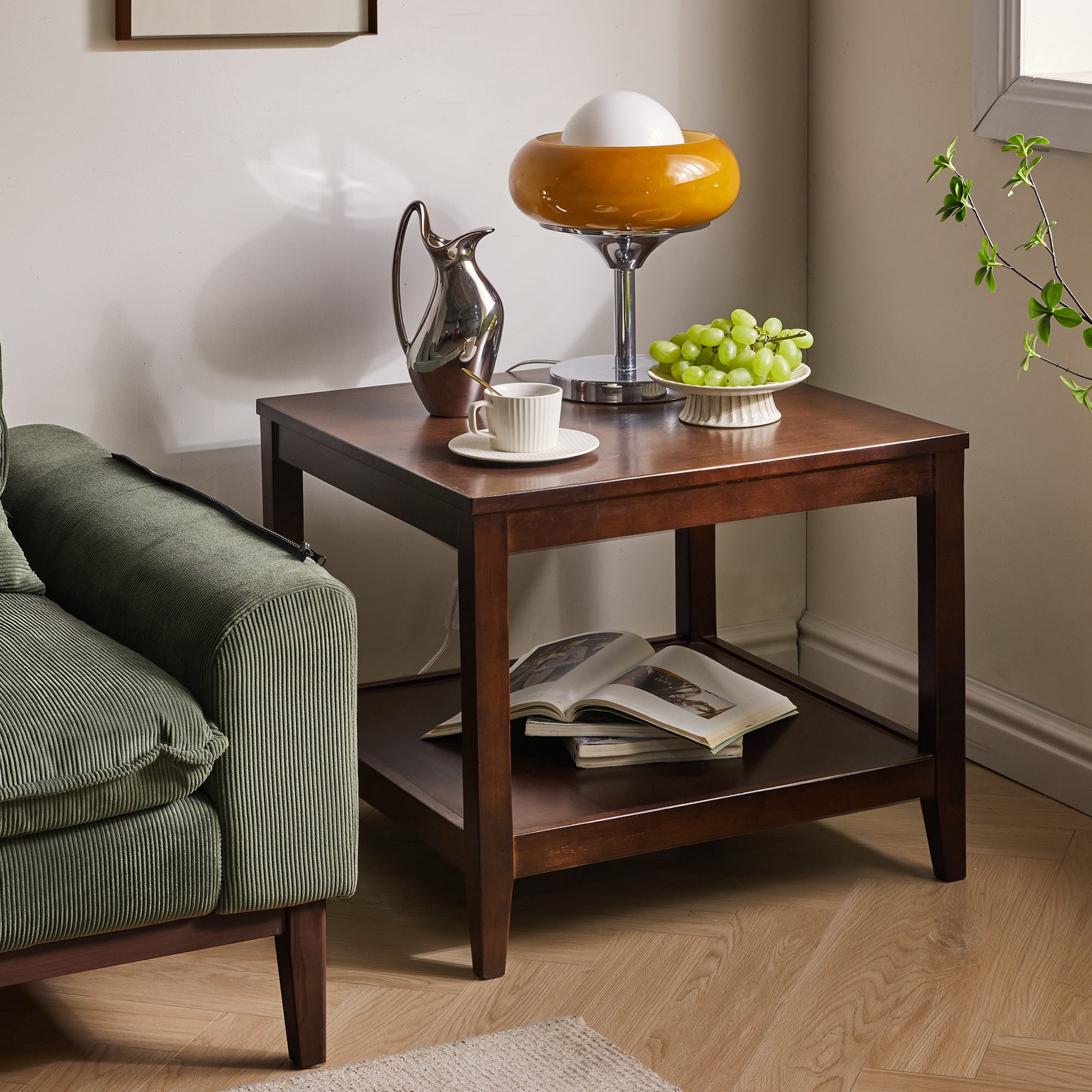 Leumius 2-Tier End Table Wooden Square Side Table with Storage Shelf,20"W Nightstand for Living Room Bedroom,Walnut