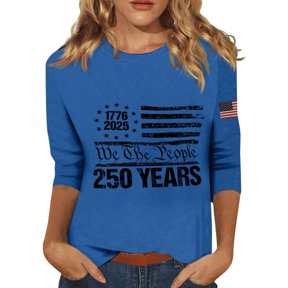 250th Anniversary USA Womens Shirts 3/4 Sleeve Tshirts Loose USA Flag Print Tops Independence Day Patriotic Pullover 4th of July Celebration Party Round Neck Blouses Blue L