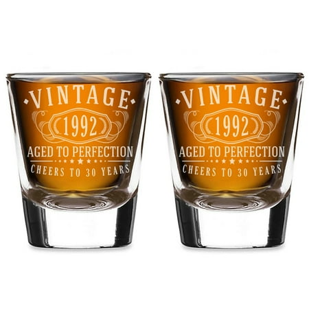 

2pk Vintage 1992 Etched 2oz Shot Glasses - 30th Birthday Aged to Perfection - 30 years old gifts