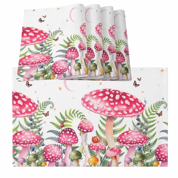 Mushroom Pink Butterfly Rustic Botanical Leaf Burlap Kitchen Place Mats Waterproof Cloth Table Mats, Indoor Outdoor Placemats Easy Clean Dinner Decor