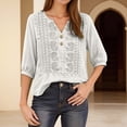 thumbnail image 3 of T Shirts for Women 2026 Summer Vintage Boho 3/4 Sleeve Shirt V Neck Embroidered Casual Tshirt Blouse, 3 of 7