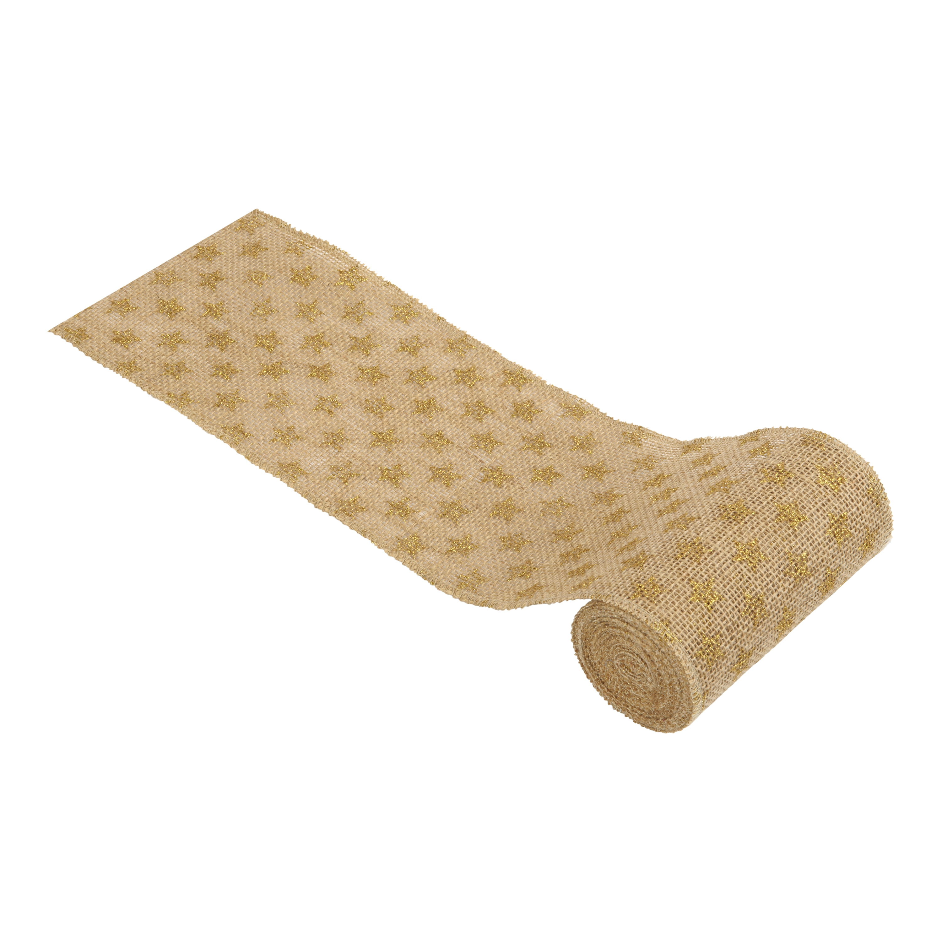 Love, Laugh, Craft Jute Burlap Roll Precut, Finished Edges, 6"W x 5-Yards, 740-27, Brown/Gold Star Glitter