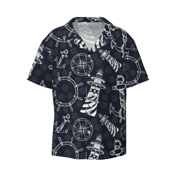 Naloa Anchor and Lighthouse Men's Loose Fit Cuban Collar Short-Sleeve Shirt with Button-down and Chest Pocket for Everyday Wear Outings - Small