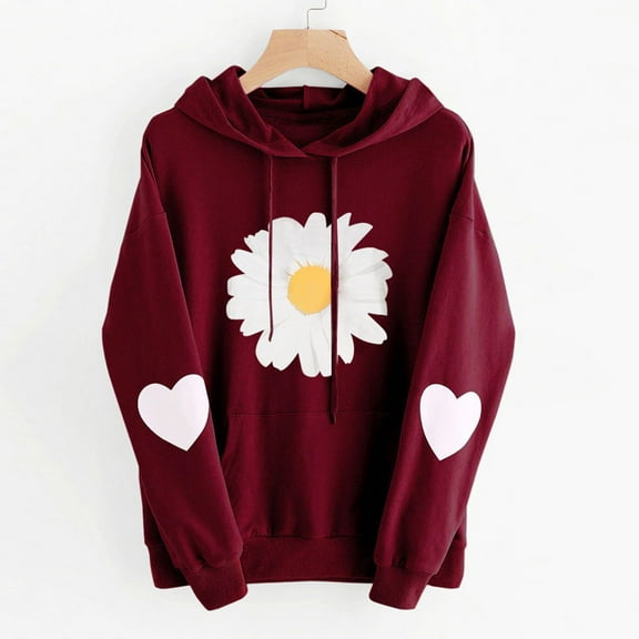 Floleo Clearance Womens Tops Long Sleeve Shirts Fall Clearance Womens Long Sleeve Heart Hoodie Sweatshirt Jumper Hooded Pullover Tops Blouse Wine