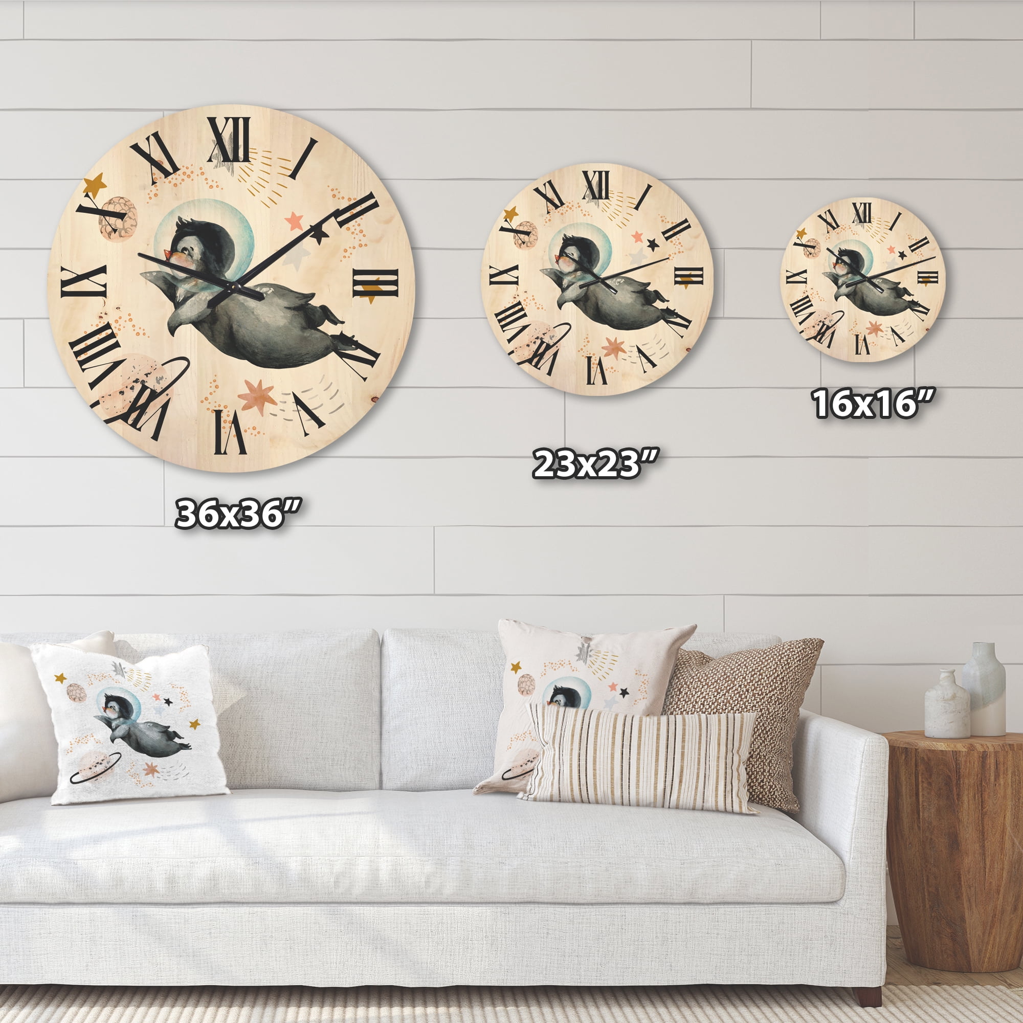 Designart 'Little Penguin Flying Planets and Stars II' Farmhouse Wood Wall Clock