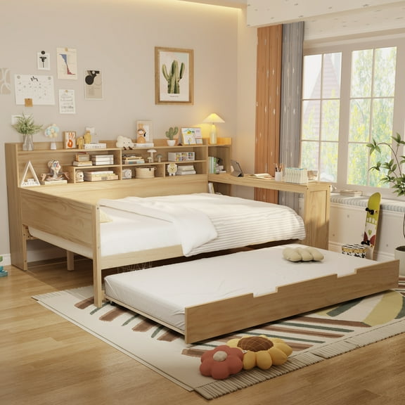 Wooden Full Size Daybed with Storage Shelves, Multi-functional Bed with Twin Size Trundle Bed and Study Desk, Natural