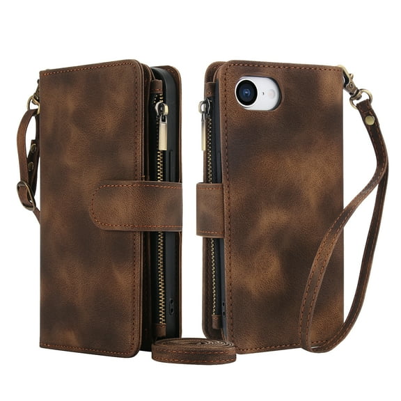 Crossbody Wallet Case for iPhone 16E, Premium PU Leather Phone Case with RFID Blocking Card Holder Zipper, Wrist Strap & Lanyard, Stand Purse Cover for iPhone 16E, Brown