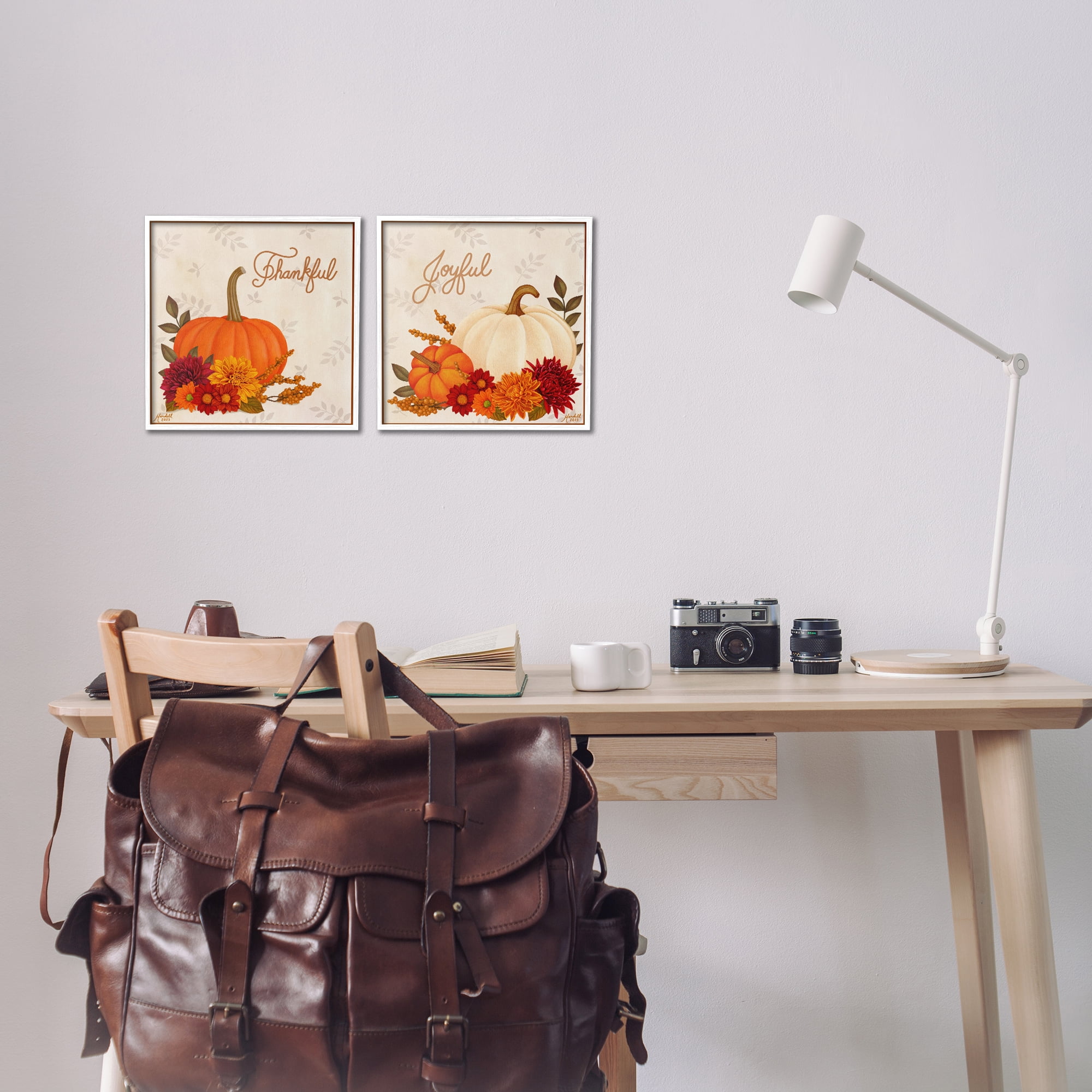Stupell Industries Joyful Thankful Sentiment Pumpkin Holiday Painting White Framed Art Prints Wall Art, 12 x 12, Set of 2