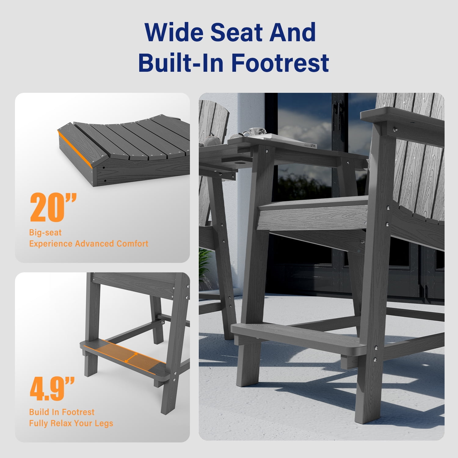 WINSOON Tall Adirondack Chair Set of 2 with Connecting Tray,Outdoor Bar Stools-Grey