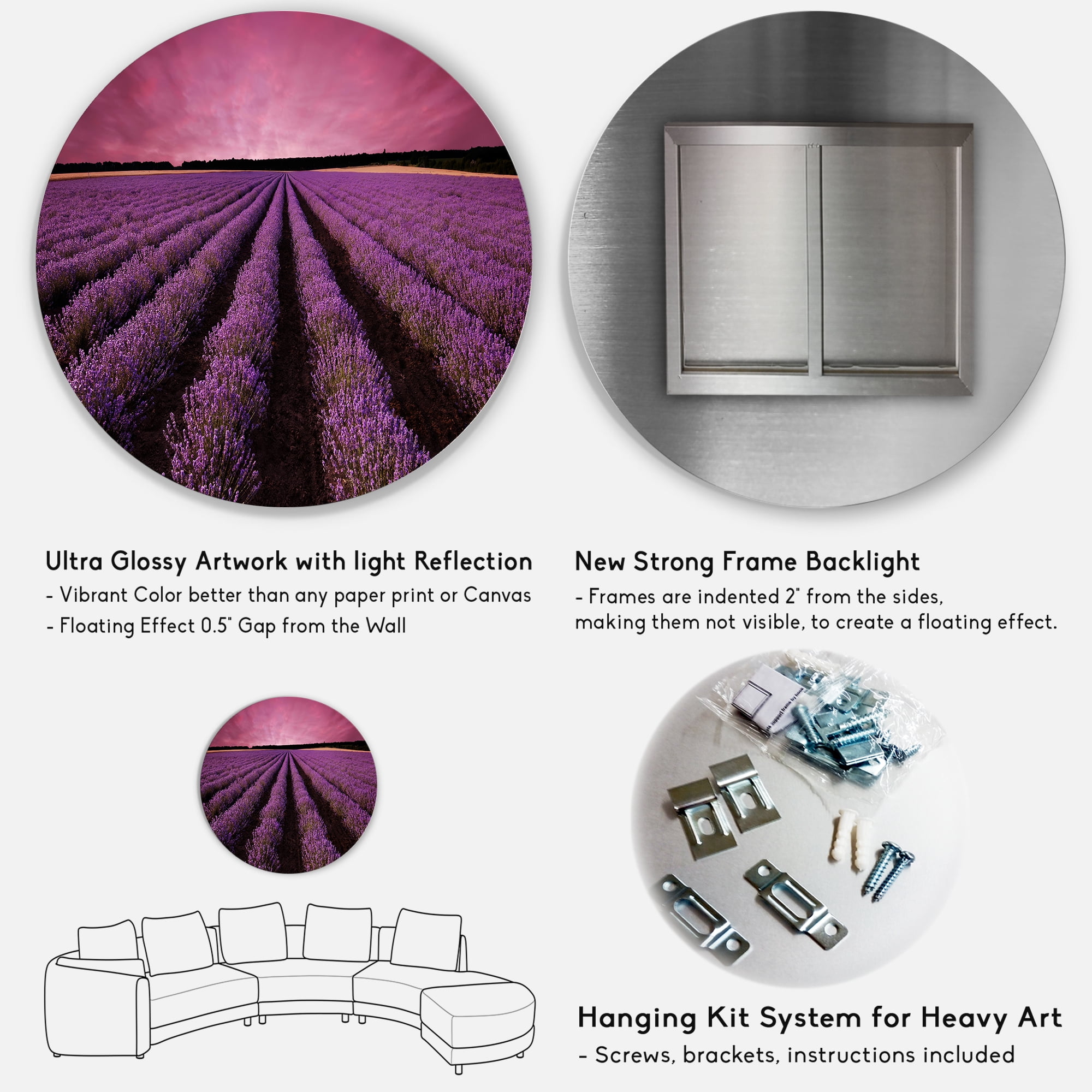 Designart 'Dramatic Clouds and Sunrise Over Lavender Field XI' Farmhouse Circle Metal Wall Art 23x23 - Disc of 23