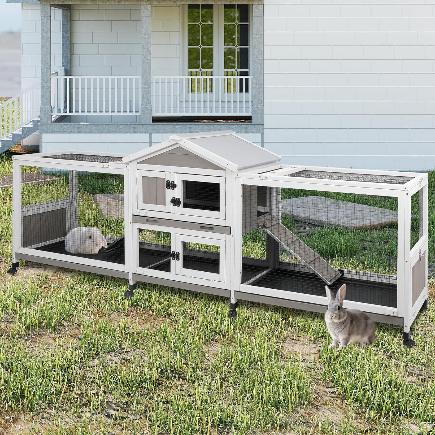 Gowoodhut Large Rabbit Hutch Outdoor Indoor with Run,  Rabbit Cage with 8 Wheels, Waterproof Roof, Guinea Pig Cage for Small to Medium Pets