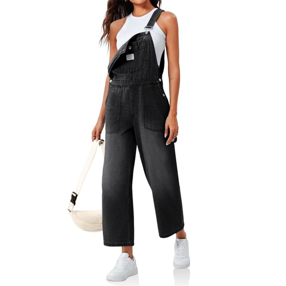 Women's Casual Loose Denim Work Pants Bib Adjustable Shoulder Strap Wide Leg Capri Denim Jumpsuit