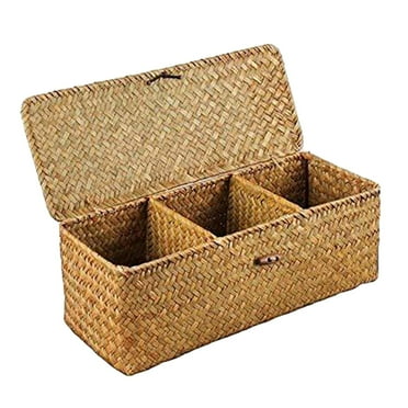 3 Compartments Storage Basket with Lid Handmade for Desktop Hotel Organizer