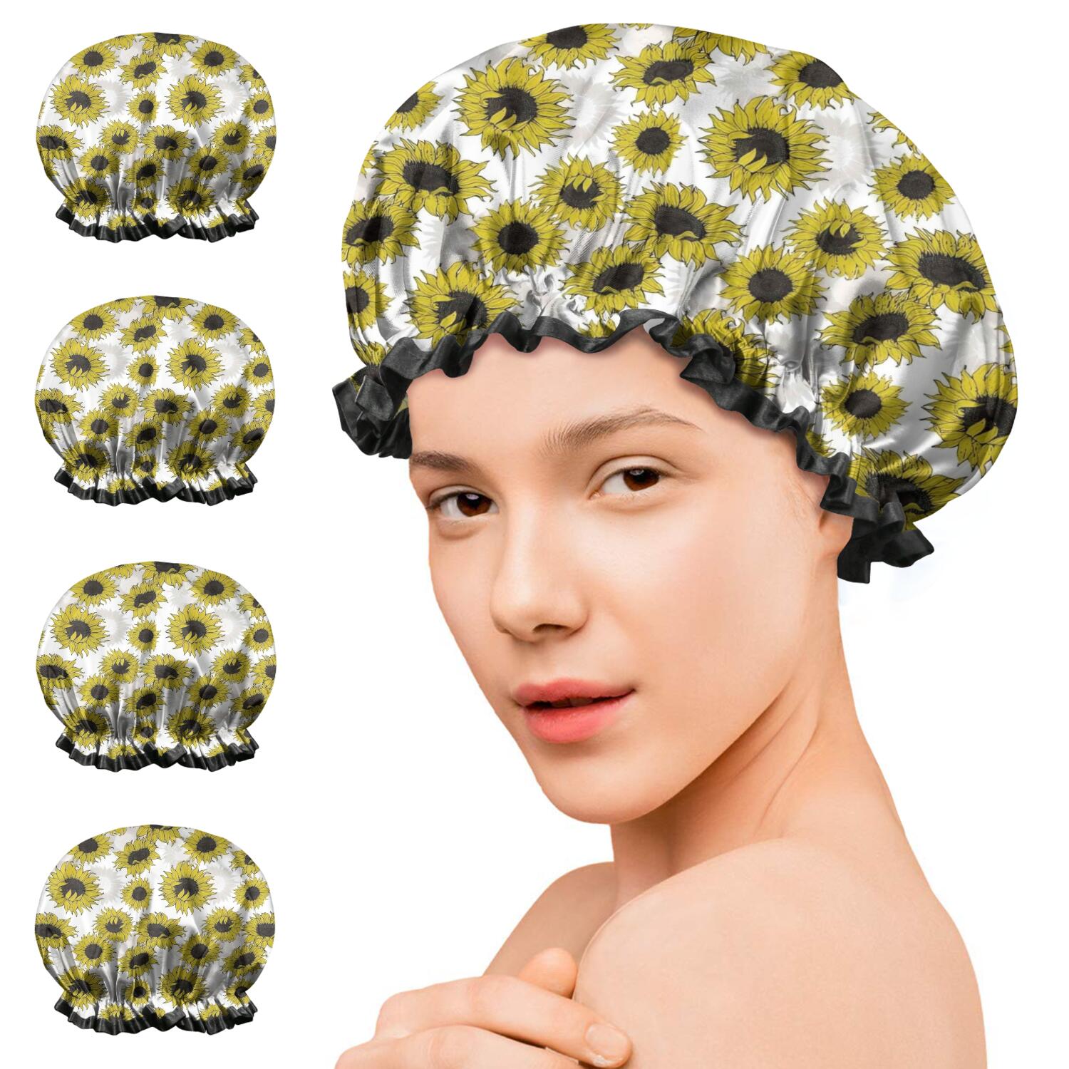 Shower Caps,White Sunflower Pattern Waterproof Shower Cap for Women 4 Pieces,Double Reusable Hair Cover for Shower PEVA Elastic Stretch Hem