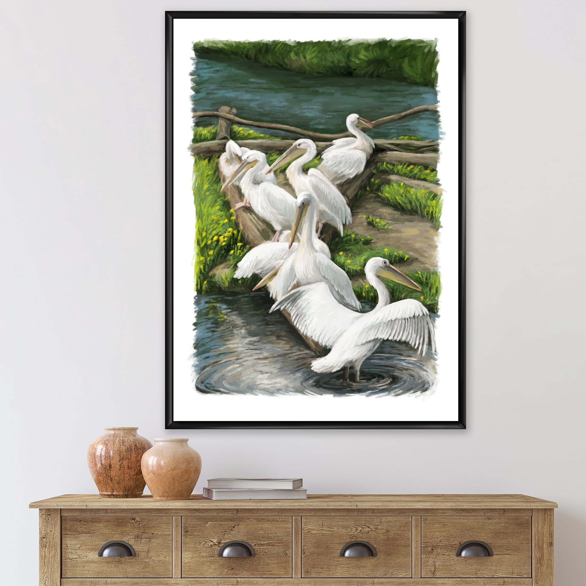 Designart 'Pelicans Resting Near The river Water' Traditional Framed Canvas Wall Art Print