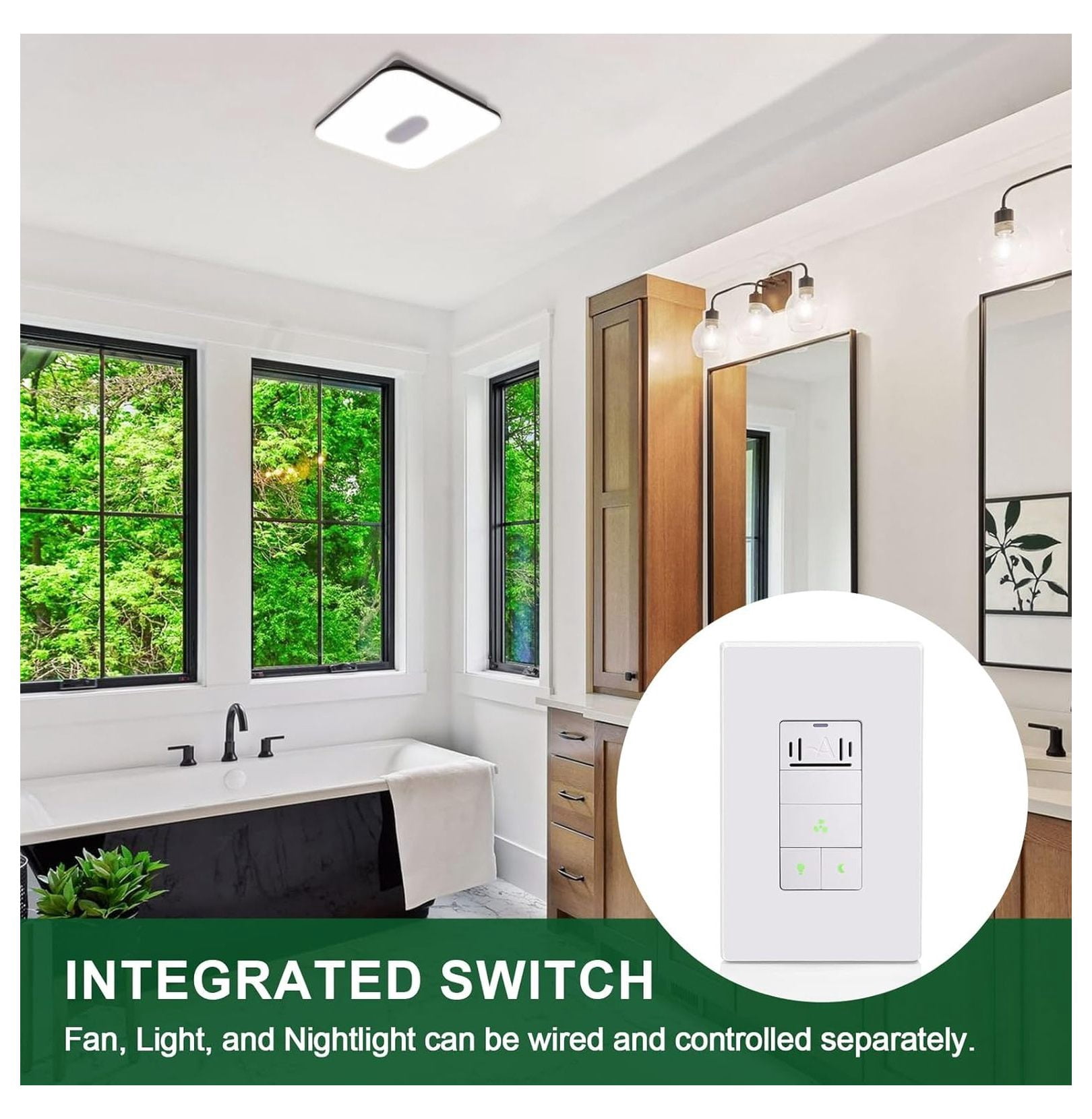 Humidity Sensor Switch for Bathroom Exhaust Fan with Light, LED Light, Night Light, Ventilation Fan, Air Moisture Control, Timer Switch for Bathroom Fan, UL Listed, White