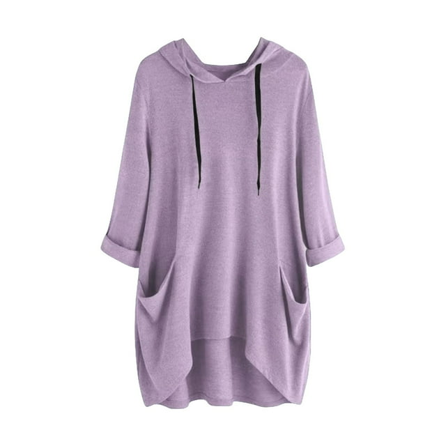 hotojiny Plus Size Spring Clothes for Women Soft High-Low Long Sleeve Rolled Sweatshirt Oversized Lightweight Hooded Drawstring Pullover