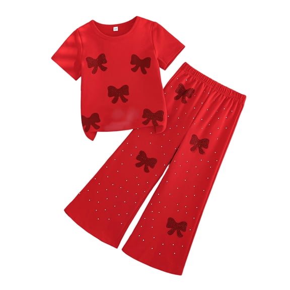 Girls 2 Piece Outfit Set Red Short Sleeve Top & Flare Pants Nylon Spandex Play Clothes Bow Details Elastic Waist Age 4-9 Years,Size 6 T