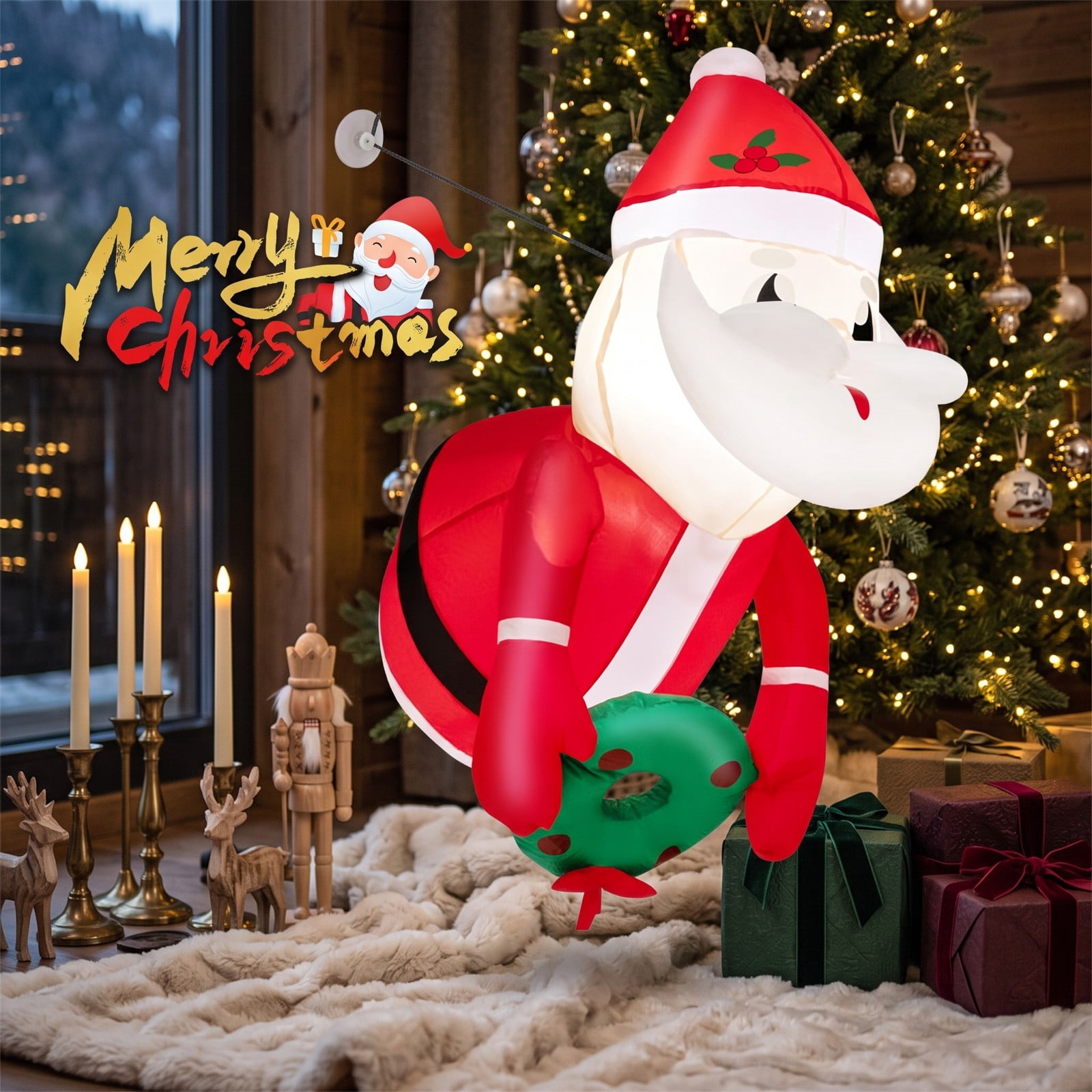 RUIE 3.3 FT Lighted Christmas Inflatable Santa Claus Broke Out from Window LED Blow Up Holiday Yard Decoration Indoor Outdoor Xmas Decor, Red