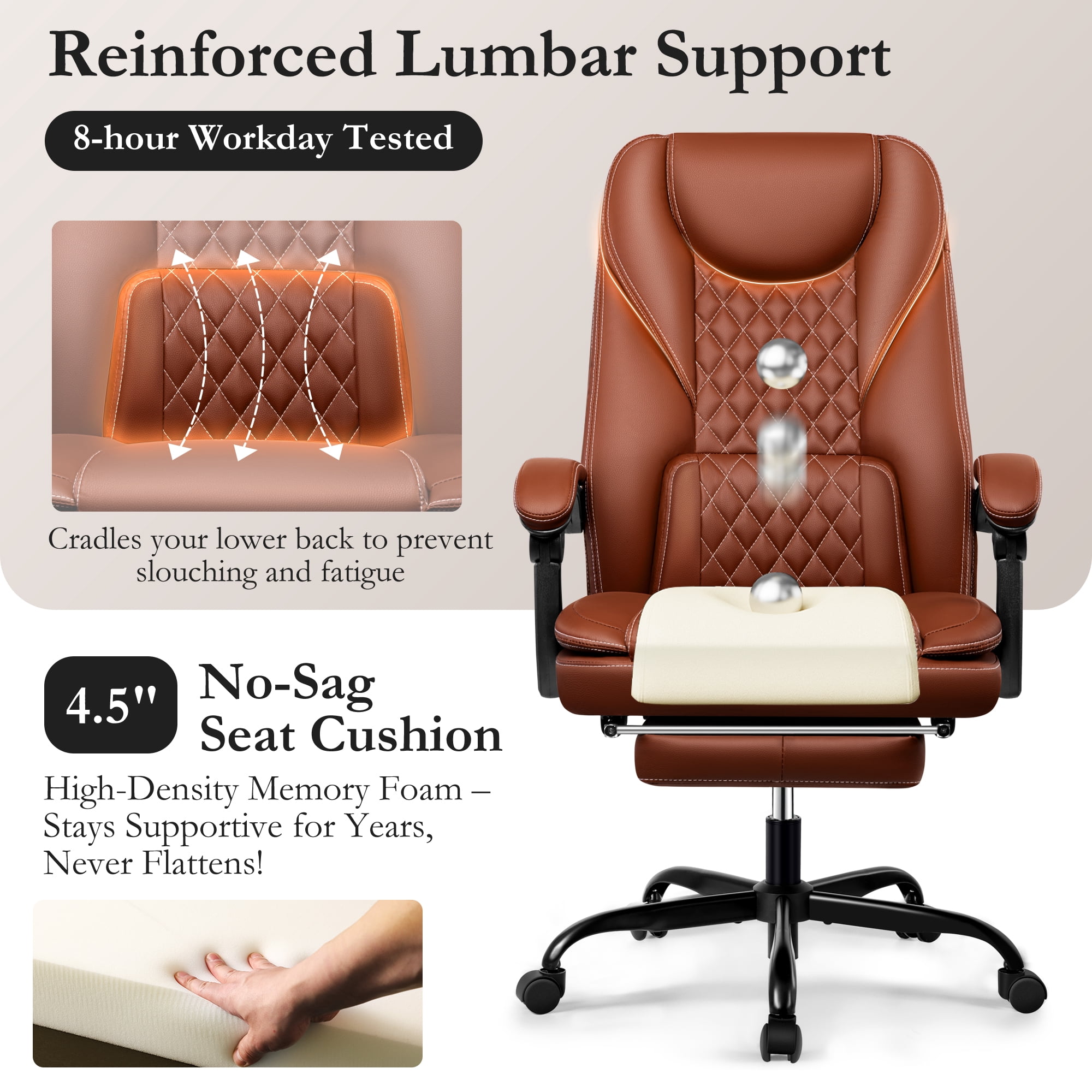 Primy Premium Executive Office Chair - Big & Tall PU Leather Reclining Chair with Footrest & Lumbar Support, 400lb Heavy Duty Ergonomic Computer Desk Chair for Home/Office, Brown