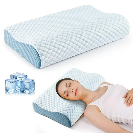 MOONORAH Cervical Memory Foam Pillow for Adults Neck Pain Relief, Ergonomic Pillow for Side Back and Stomach Sleepers with Cooling Breathable Pillowcase Blue