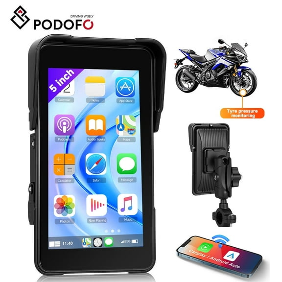 Podofo CarPlay Display for Motorcycle with Wireless CarPlay Android Auto, 5 inch HD Touchscreen Waterproof Screen Bluetooth Motorcycle Navigation (Vertical)