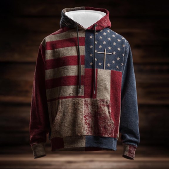 SYMOID Men's American Flag Cross Hoodie - Navy, Size L, 100% Polyester, Vintage Distressed, Patriotic Christian Casual with Kangaroo Pocket